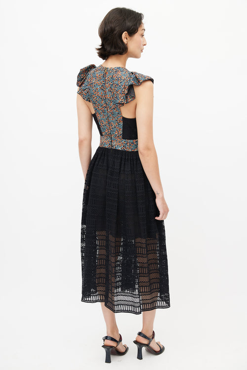 Philosophy Red, Blue & Black Floral Eyelet Midi Dress