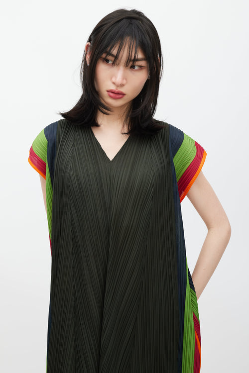 Pleats Please Issey Miyake Green & Multicolour Pleated Dress