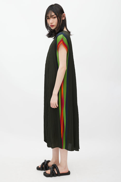 Pleats Please Issey Miyake Green & Multicolour Pleated Dress