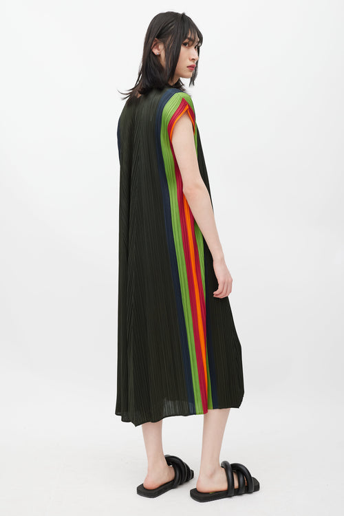 Pleats Please Issey Miyake Green & Multicolour Pleated Dress