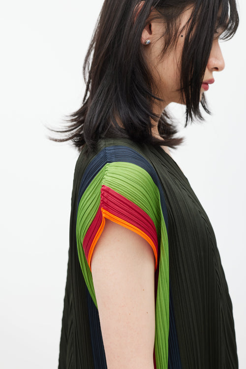 Pleats Please Issey Miyake Green & Multicolour Pleated Dress