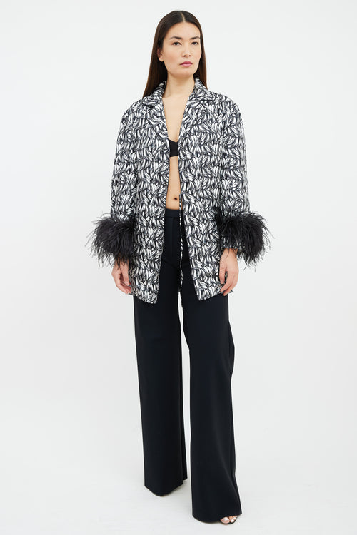 Prada 2018 Black & White Printed Feather Trim Robe