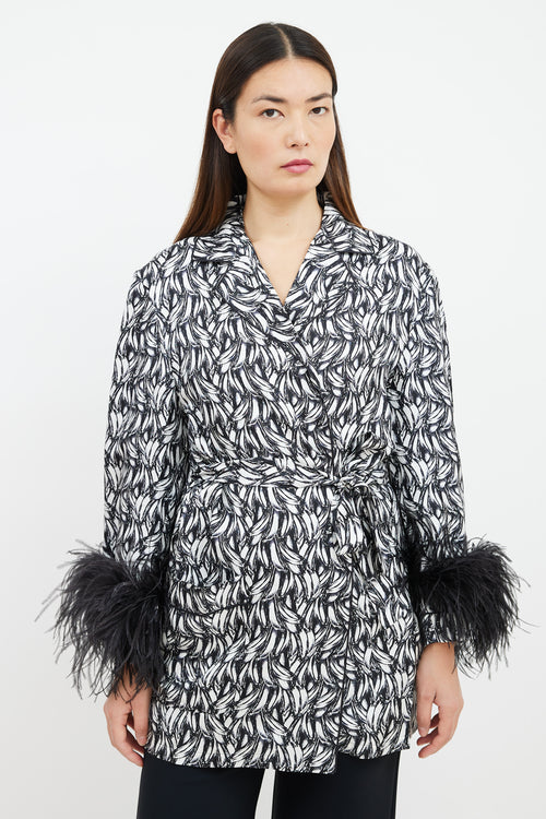 Prada 2018 Black & White Printed Feather Trim Robe