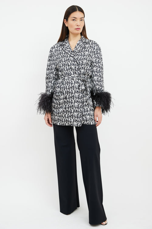 Prada 2018 Black & White Printed Feather Trim Robe