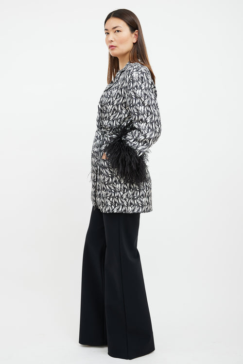 Prada 2018 Black & White Printed Feather Trim Robe