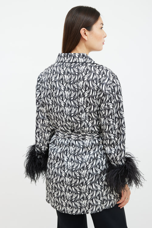 Prada 2018 Black & White Printed Feather Trim Robe