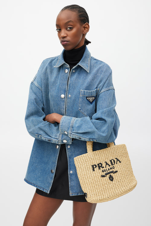 Prada Beige & Navy Raffia Woven Tote