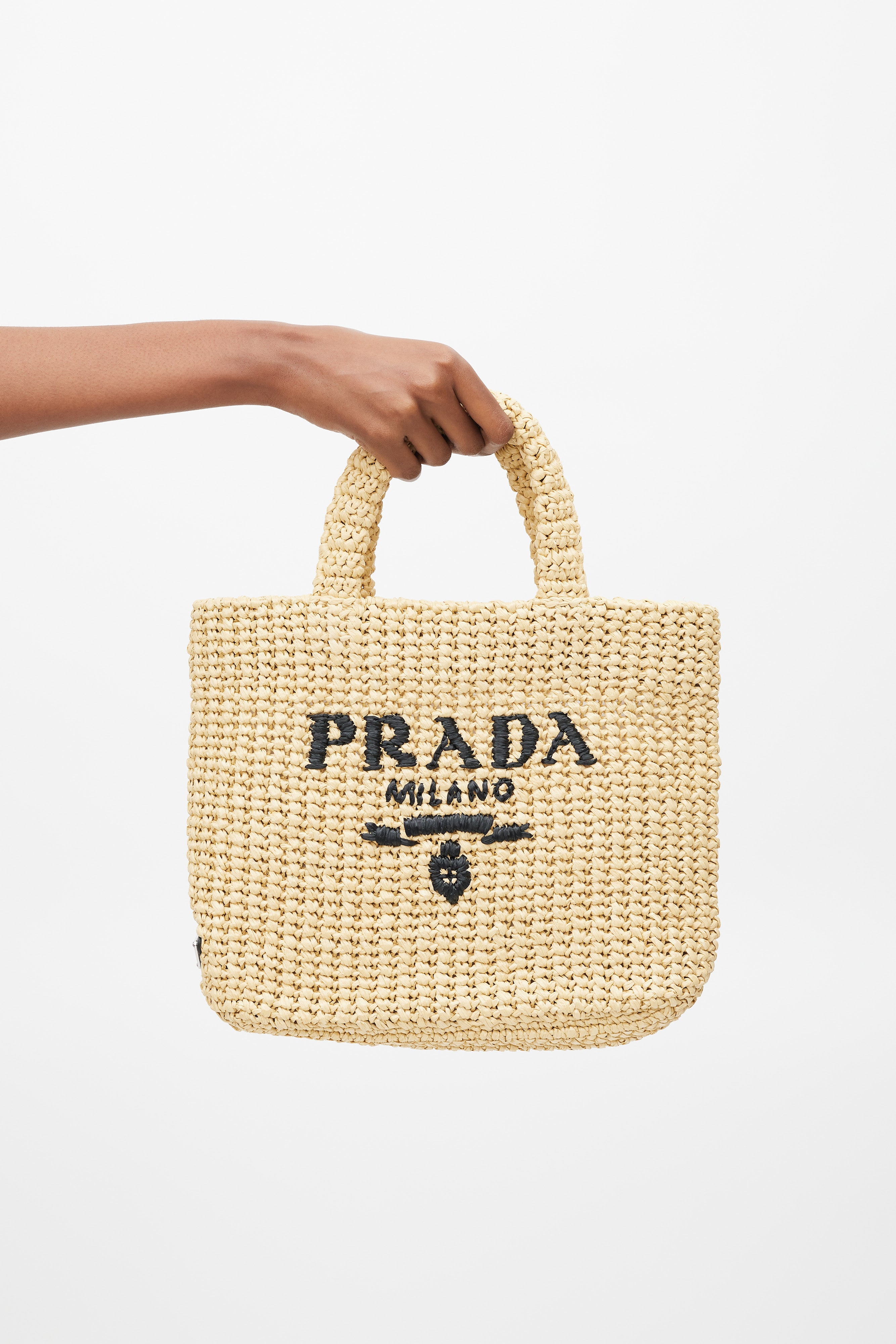 Prada Beige & Navy Raffia Woven Tote