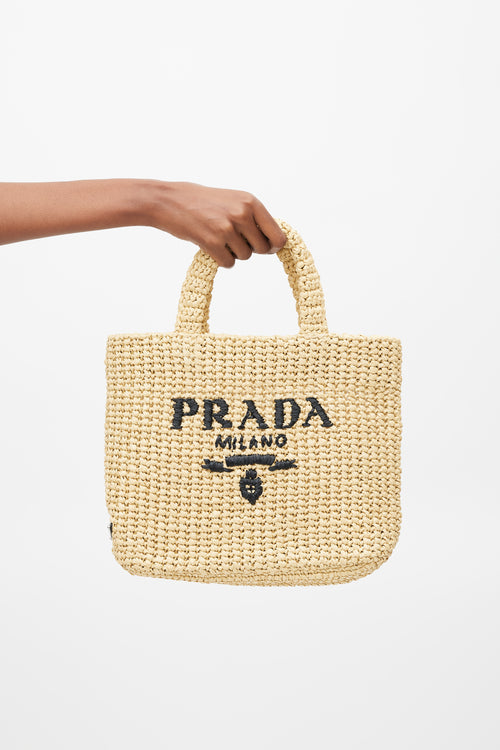 Prada Beige & Navy Raffia Woven Tote