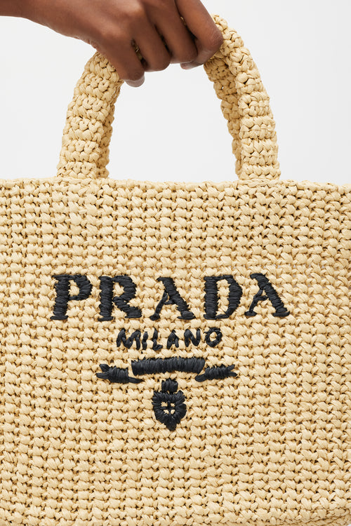 Prada Beige & Navy Raffia Woven Tote
