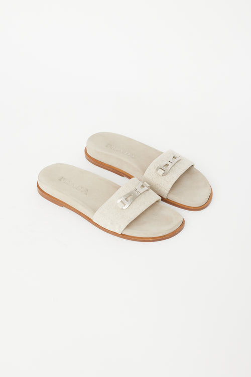 Prada Beige & Silver Buckle Slide