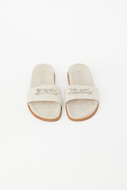 Prada Beige & Silver Buckle Slide