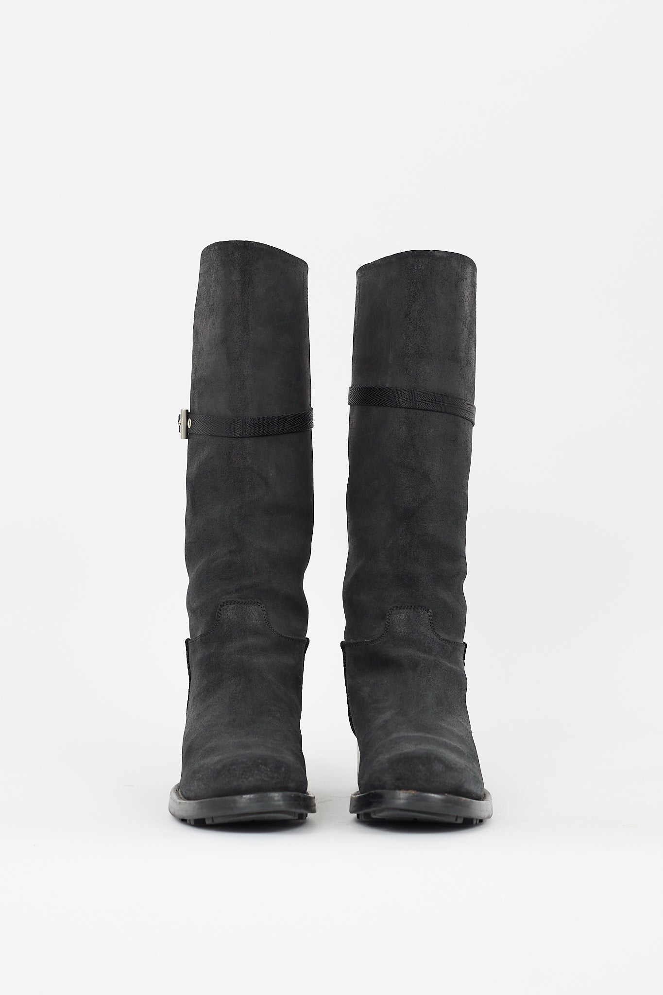 Prada Black Aged Leather Buckle Boot