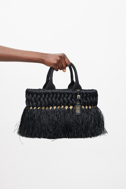 Prada Black & Beige Braided Raffia Midollino Tote Bag