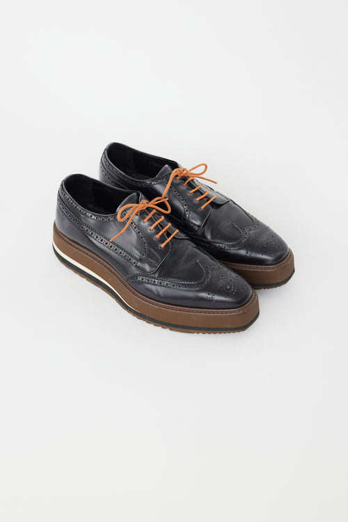 Prada Black & Brown Leather Brogue Platform Oxford