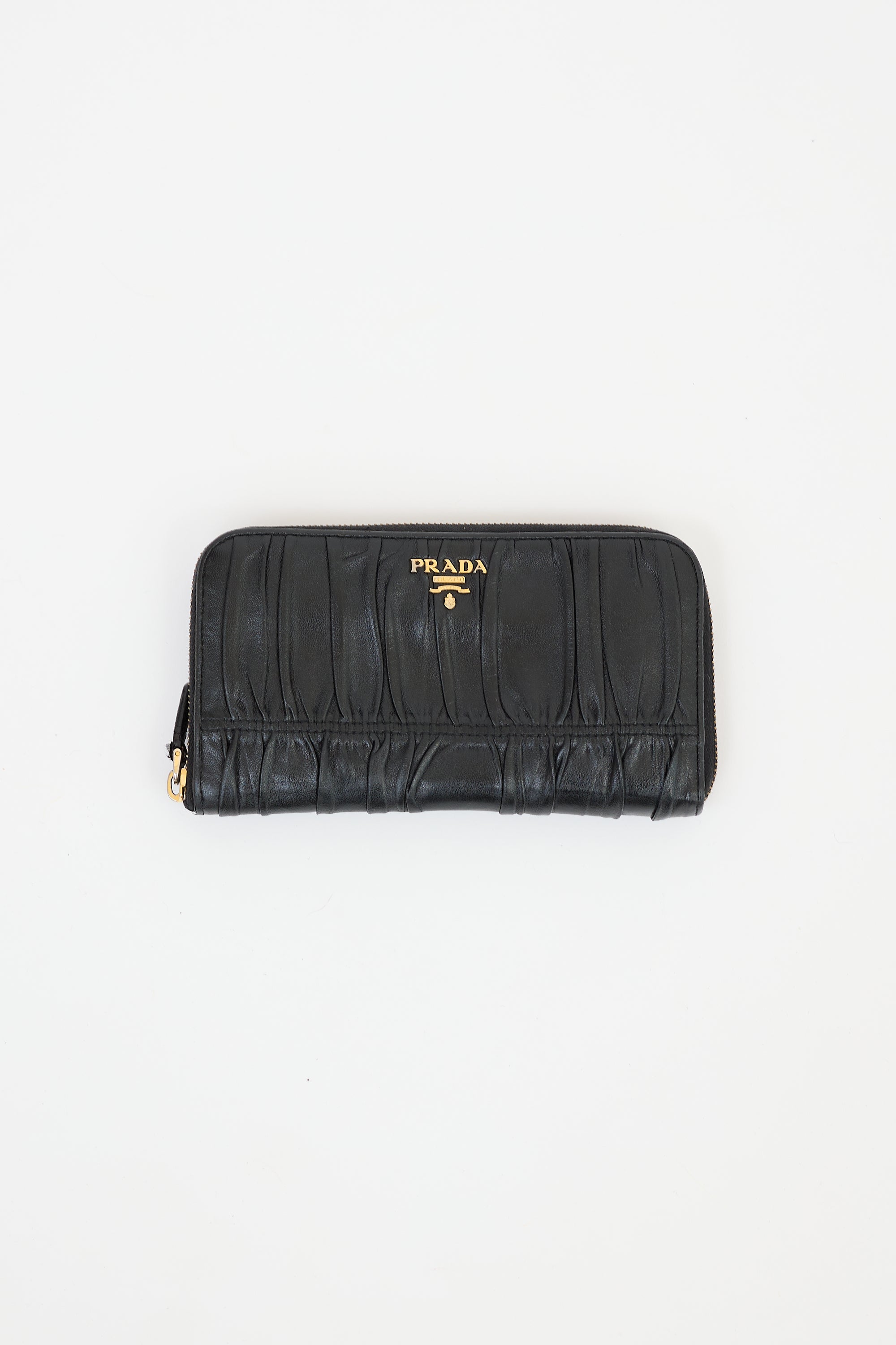Prada Black Leather Gaufre Zip Around Wallet