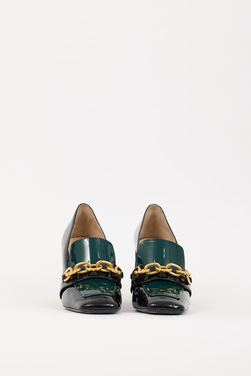 Prada Black & Green Patent Leather Chain Link Heeled Loafer