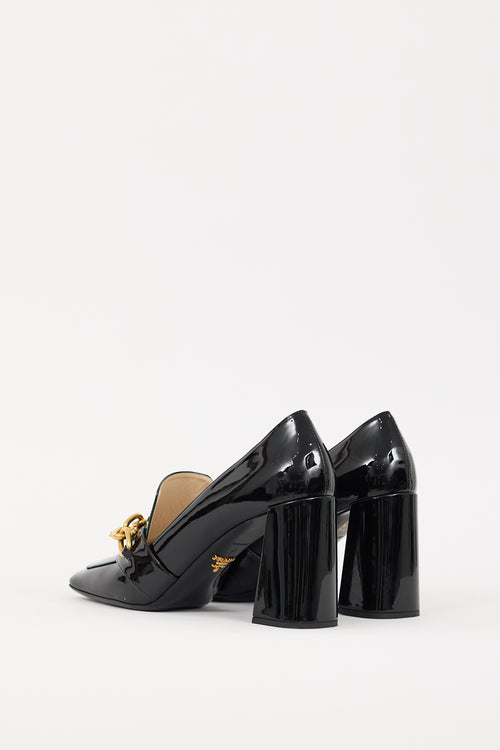 Prada Black & Green Patent Leather Chain Link Heeled Loafer