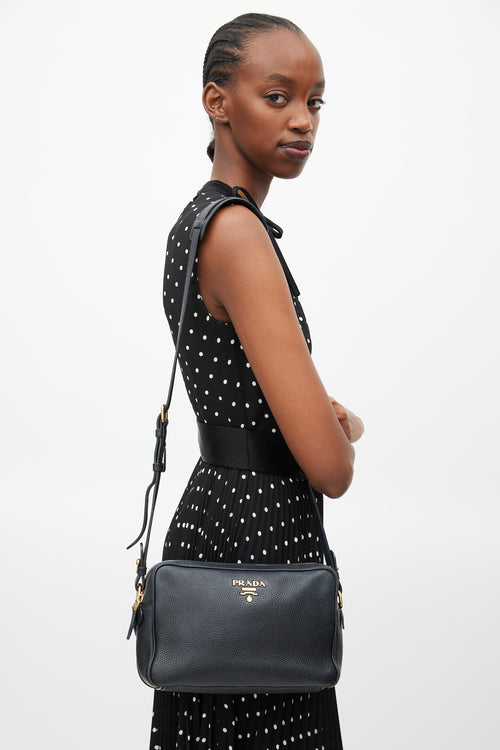 Prada Black & Gold Leather Double Zip Camera Bag