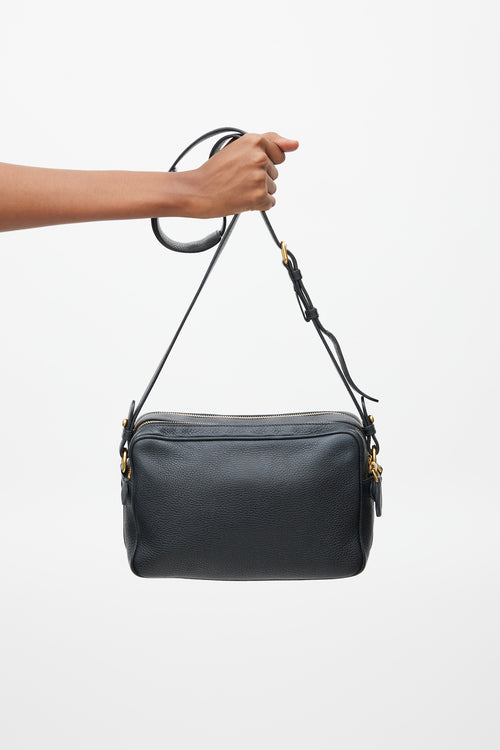 Prada Black & Gold Leather Double Zip Camera Bag