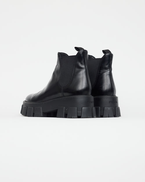 Prada Black Leather Lug Sole Ankle Boot