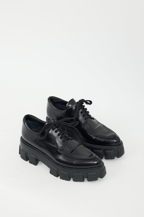 Prada Black Leather Lug Sole Lace Up Derby
