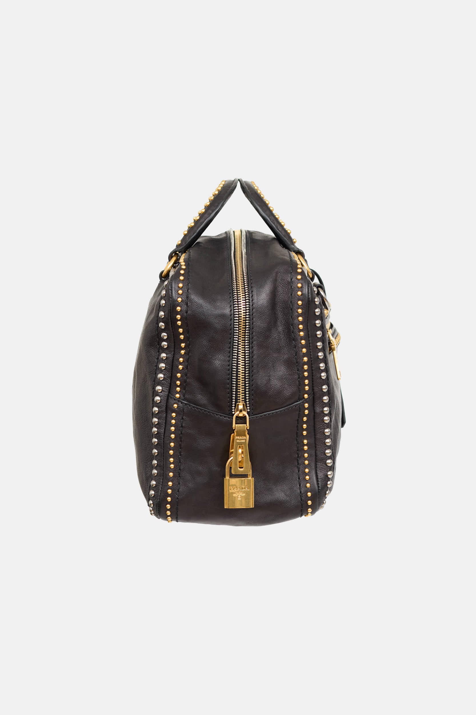 Prada Glace Studded Bowling Leather Bag