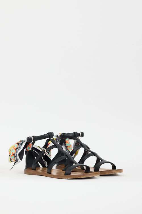 Prada Black & Multicolour Leather Printed Tie Sandal