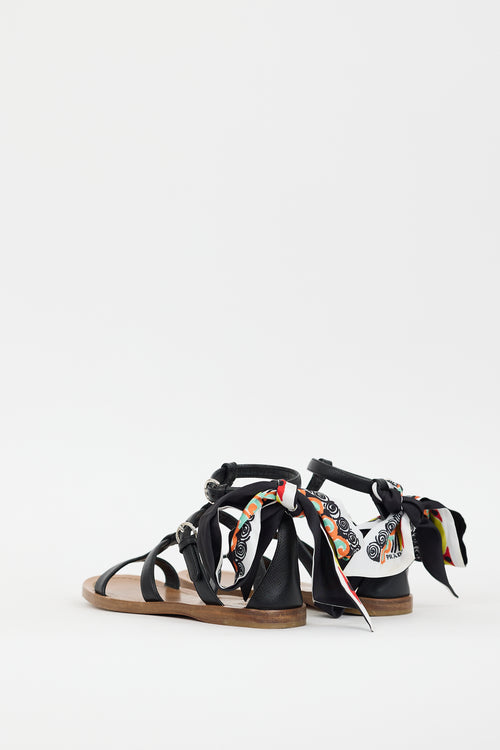 Prada Black & Multicolour Leather Printed Tie Sandal