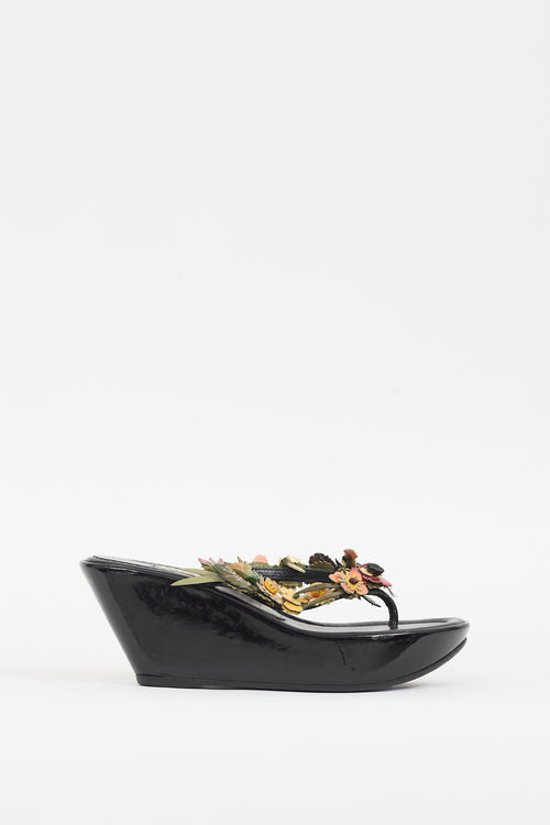 Prada Black & Multicolour Patent Appliqué Wedge Sandal