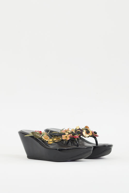 Prada Black & Multicolour Patent Appliqué Wedge Sandal