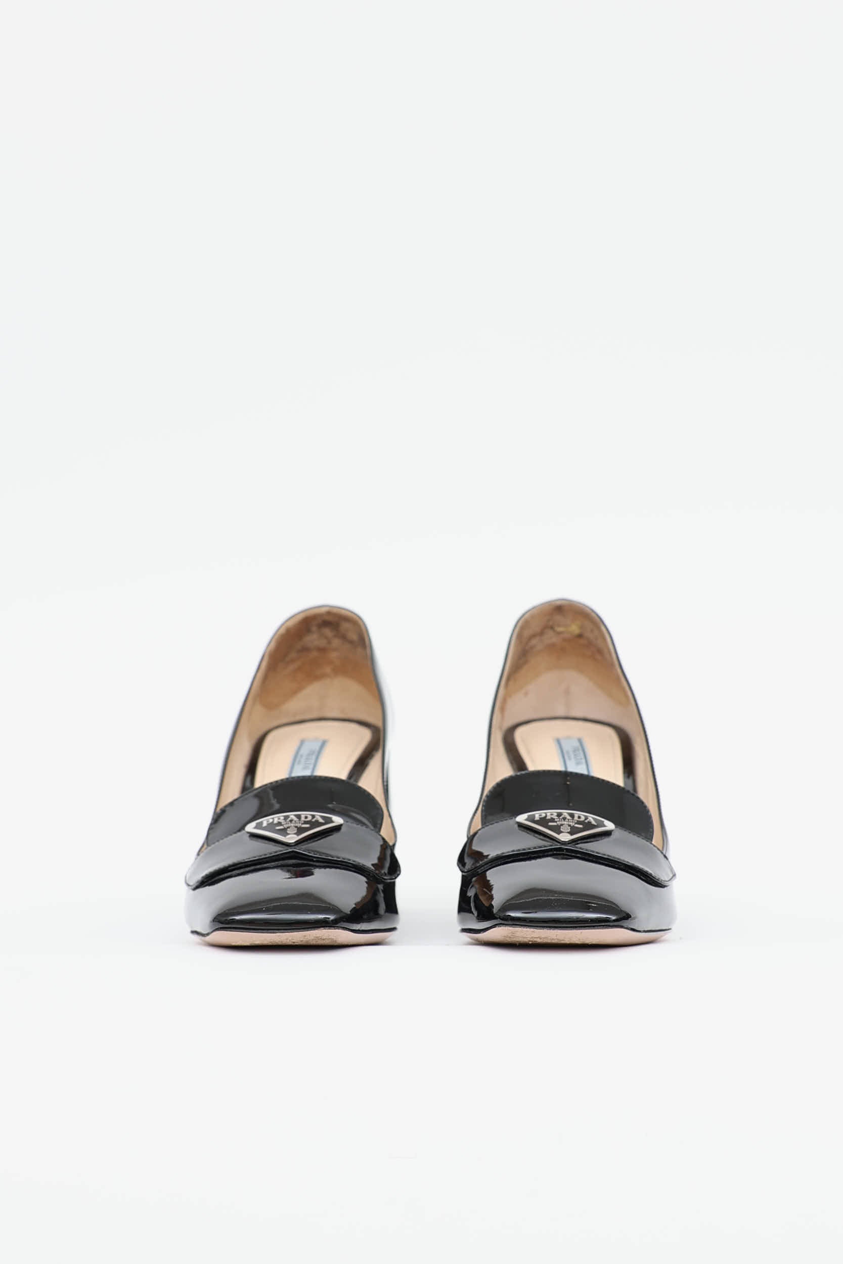 Prada Patent Logo Block Heel