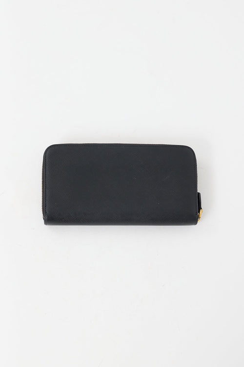 Prada Black Saffiano Leather Logo Continental Zip Wallet