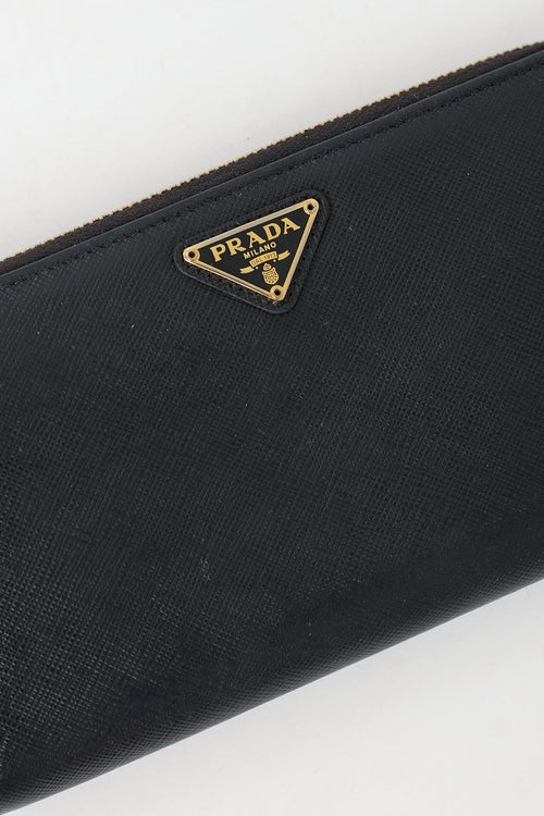 Prada Black Saffiano Leather Logo Continental Zip Wallet