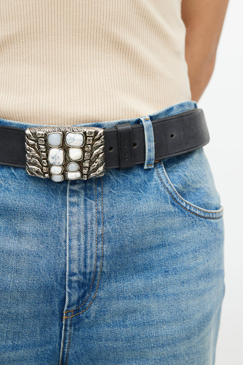 Prada Black & Silver Leather Jewel Belt