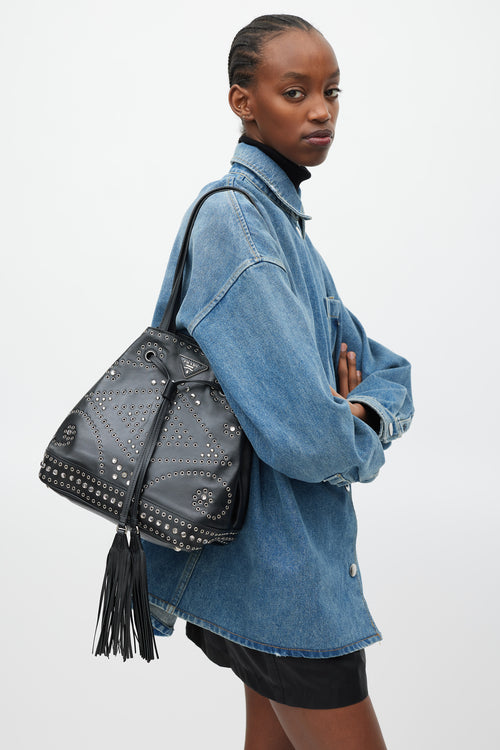 Prada Black & Silver Leather Studded Bucket Bag