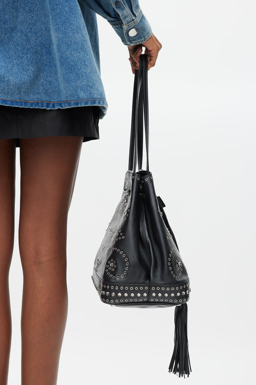 Prada Black & Silver Leather Studded Bucket Bag
