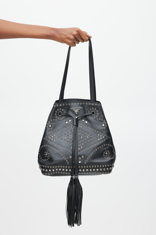Prada Black & Silver Leather Studded Bucket Bag