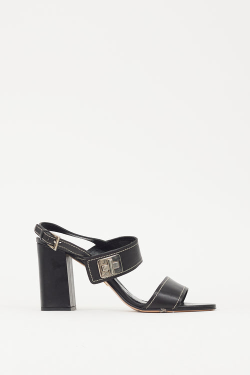 Prada Black & Silver Turn Lock Leather Heel