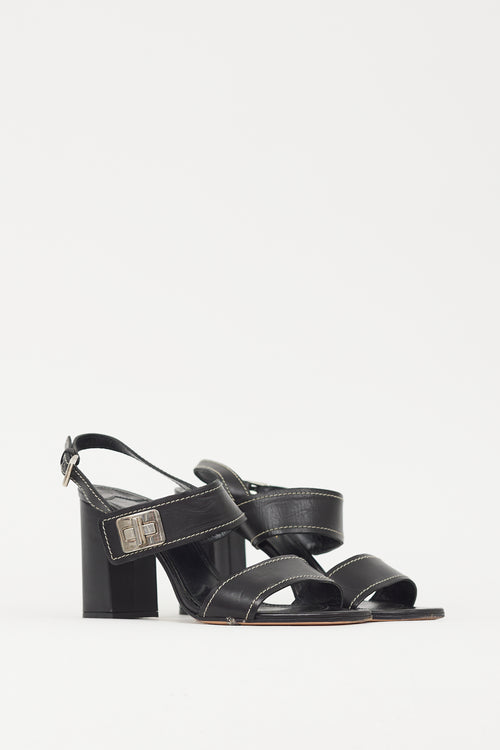 Prada Black & Silver Turn Lock Leather Heel