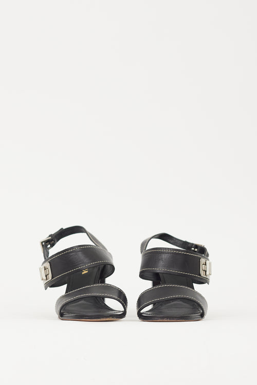 Prada Black & Silver Turn Lock Leather Heel