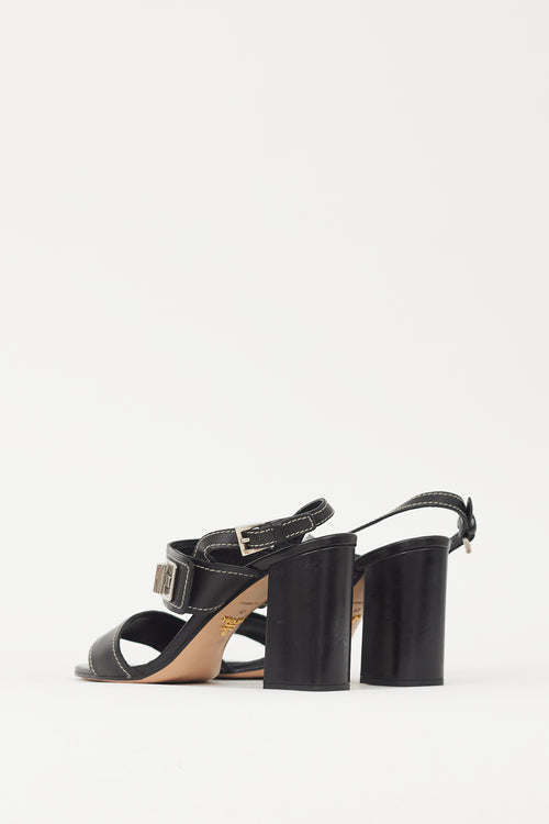 Prada Black & Silver Turn Lock Leather Heel