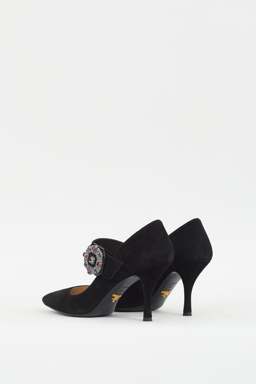 Prada Black Suede Embellished Strap Pump