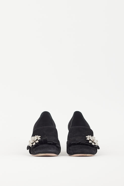 Prada Black Suede & Silver Flower Brooch Pump