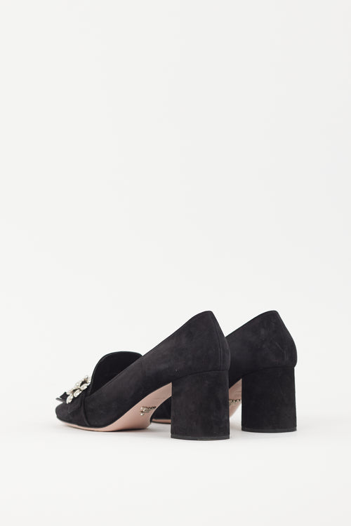 Prada Black Suede & Silver Flower Brooch Pump