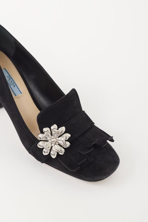 Prada Black Suede & Silver Flower Brooch Pump