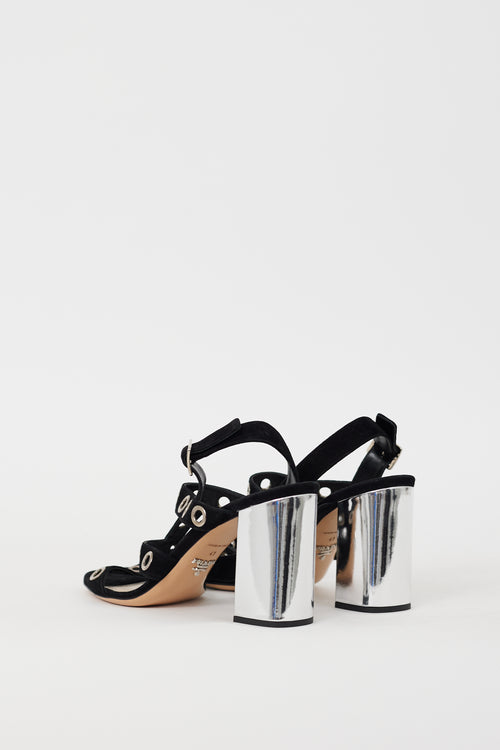 Prada Black Suede & Silver Grommet Caged Heel