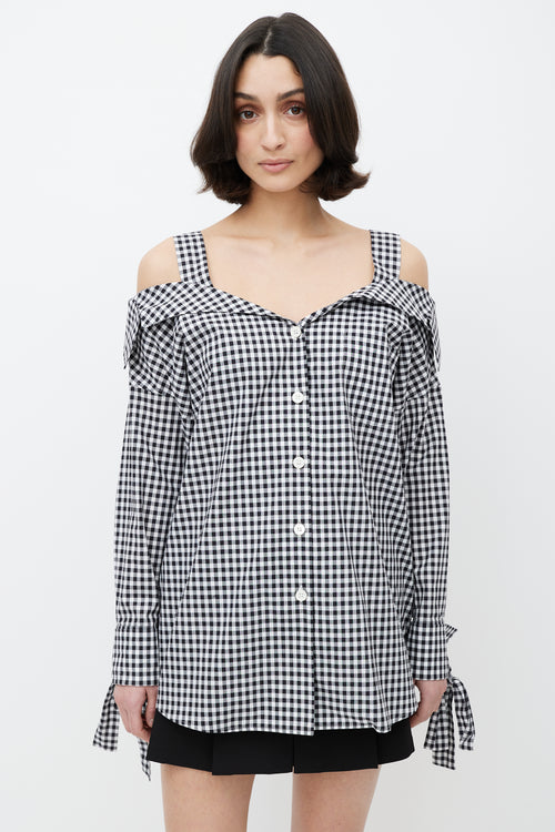 Prada Black & White Gingham Off The Shoulder Shirt