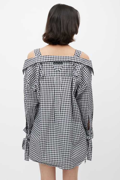 Prada Black & White Gingham Off The Shoulder Shirt