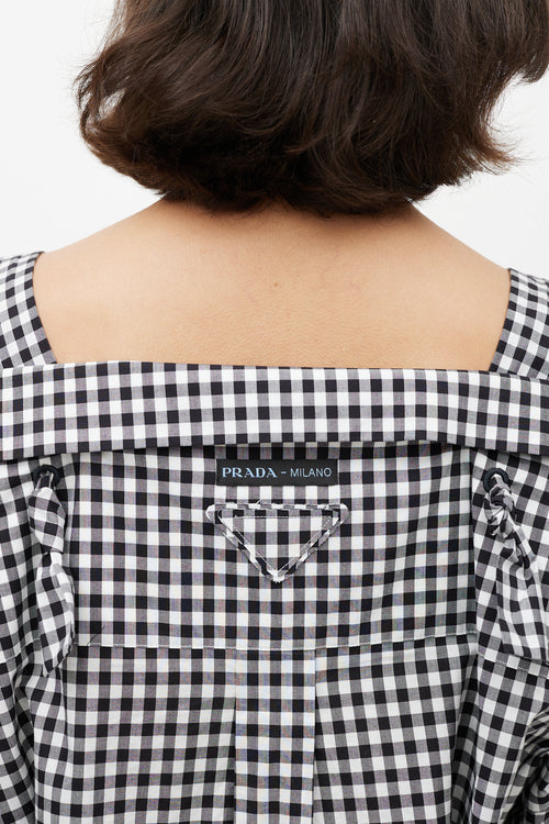 Prada Black & White Gingham Off The Shoulder Shirt